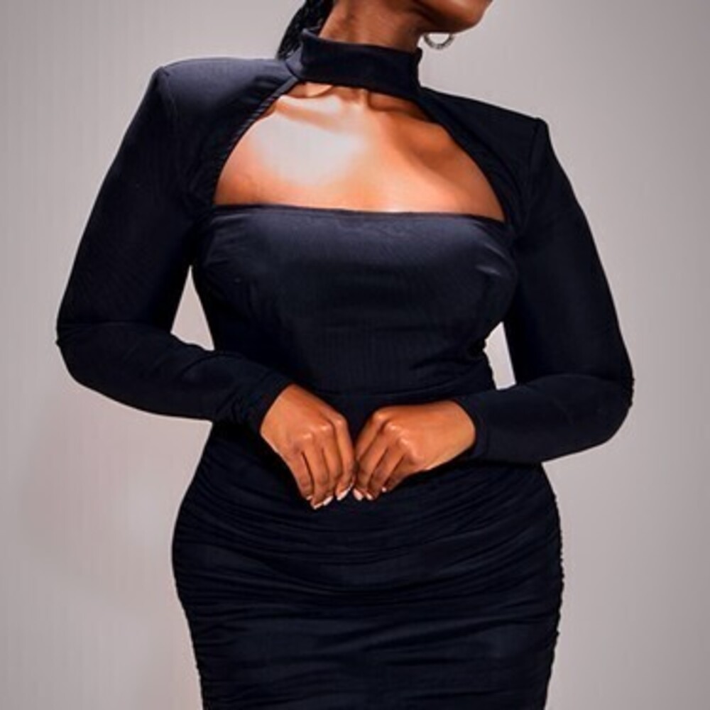 Plus Black Mesh Cut Out Detail Shoulder Pad Bodycon Dress